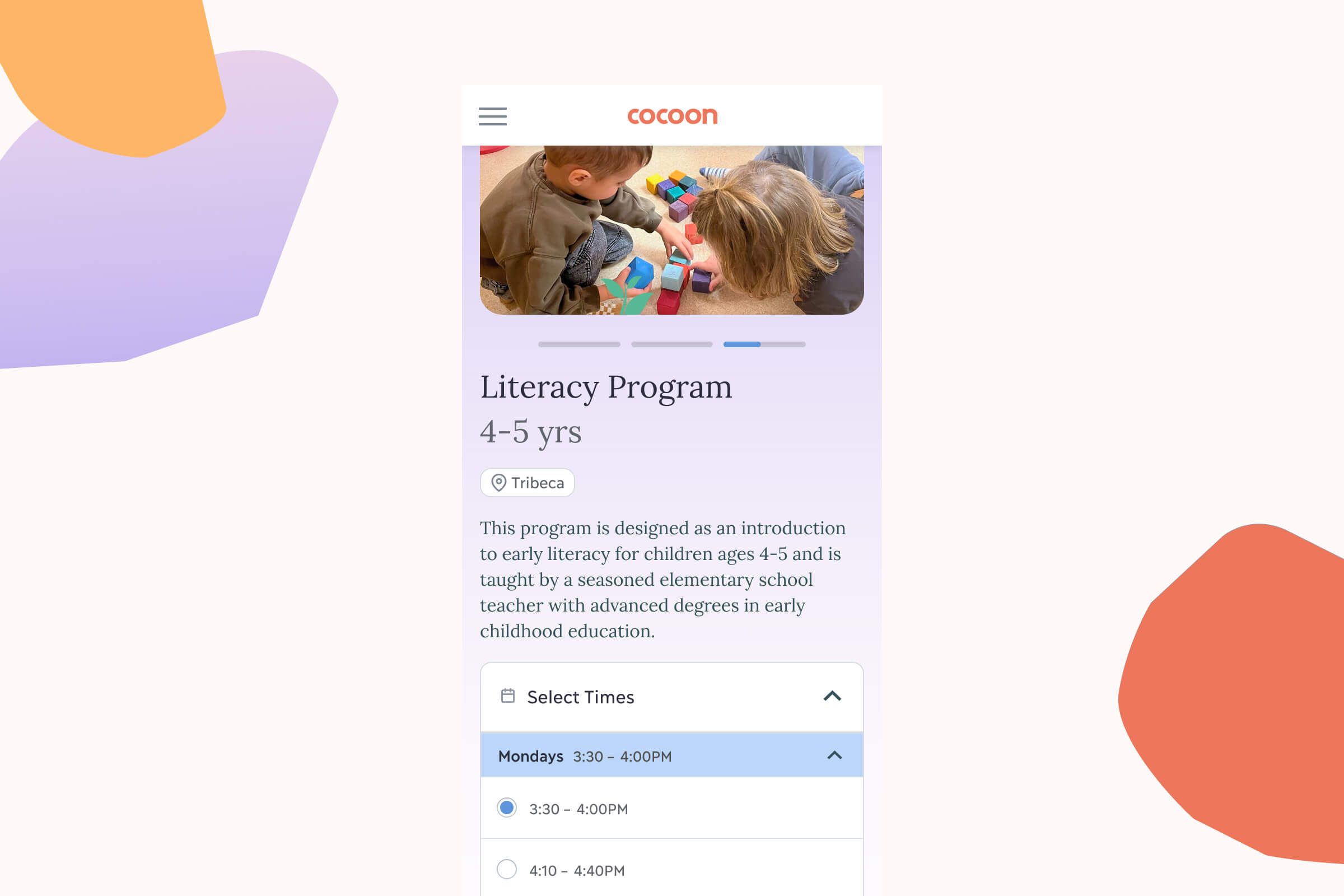 Mobile screenshot of timeslots offered for Cocoon's Literary Pogram