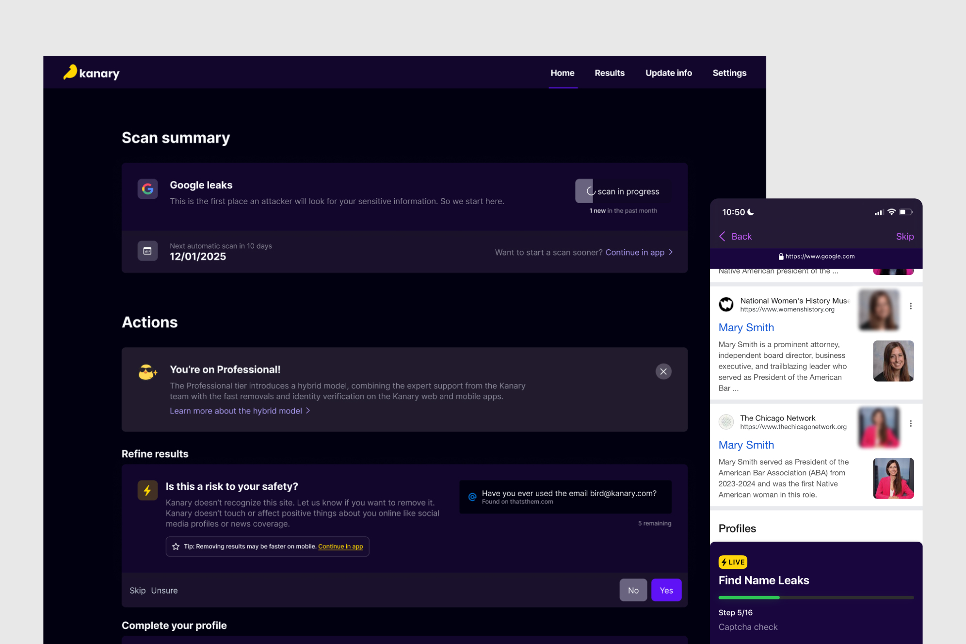 Screenshot of the Kanary web dashboard and mobile app