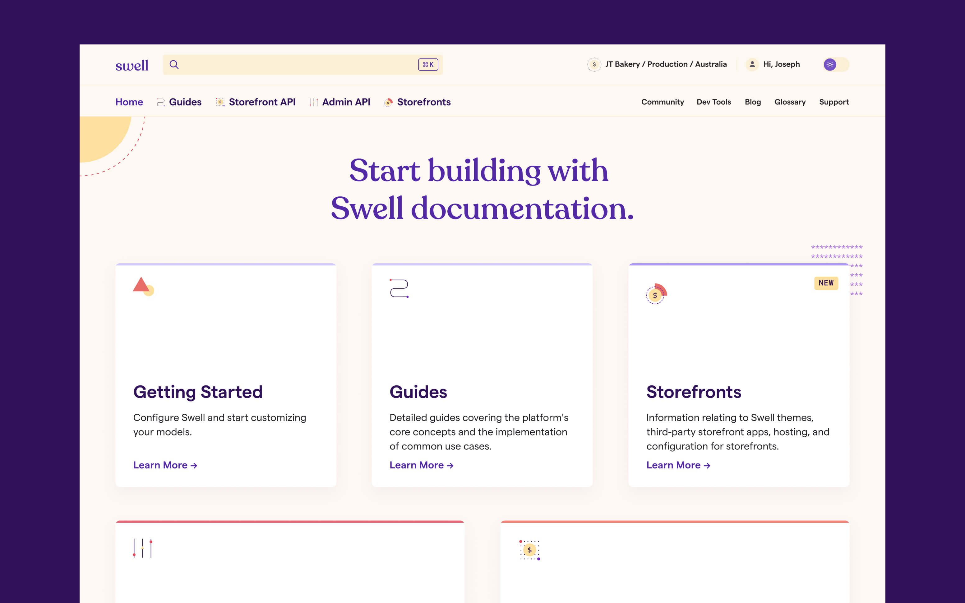 Screenshot of the Swell documentation homepage