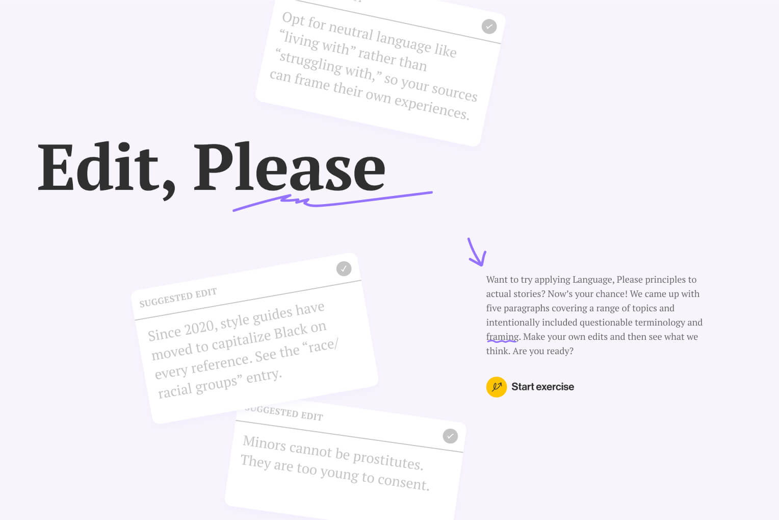 Screenshot of Edit, Please homepage showing the project title and three edit cards